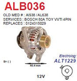 Alternator Toyota Avensis/ Corolla/ Verso - 1.4L / 1.6L / 1.8L (1ZZFE, 3ZZFE, 4ZZFE engines) KCB1 12V 80A  - ALB036