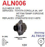 Alternator Toyota Camry 2.2L - RAV4 2.0L 12V 70A  - ALN006