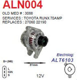 Alternator Toyota Runx - Corolla 1.8L 12V 70A  - ALN004