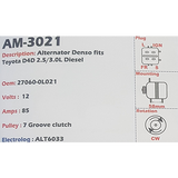 Alternator Toyota Hilux 2.5L - 3.0L Diesel (2007 onwards) - D4D 12V 85A  - AM-3021