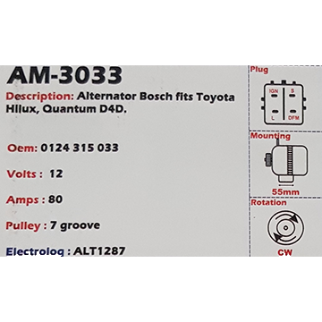AlternatorToyota Hilux / Fortuner - 2.5L, 3.0L Diesel D4D 12V 80A KCB1 ...