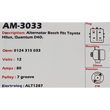 AlternatorToyota Hilux / Fortuner - 2.5L, 3.0L Diesel D4D 12V 80A KCB1  - AM-3033