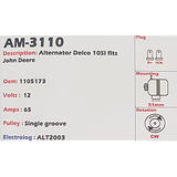 Alternator Chevrolet / John Deere 12V 65A 10SI - AM-3110
