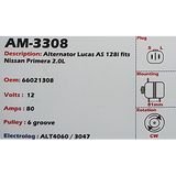 Alternator Nissan Primera 2.0L 12V 80A AS128I - AM-3308