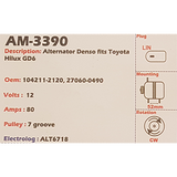 Alternator Toyota GD6 Hilux - Fortuner 2.8L turbo diesel 12V 80A  - AM-3390
