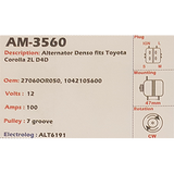 Alternator 12V 100A Toyota Corolla 2.0L D4D - AM-3560