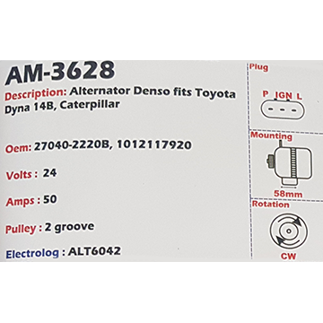Alternator Toyota Dyna /Caterpillar 24V 50A - AM-3628 – Great