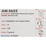 Alternator Toyota Corolla - Avensis 2.0L Diesel D4D 12V 100A - AM-3655