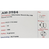 Alternator Volkswagen Passat 3.2L FSi - 3.6L R36 / Crafter Multivan - Transporter 2.0L TDi - 2.0L BiTDi 12V 180A H8P - AM-3984